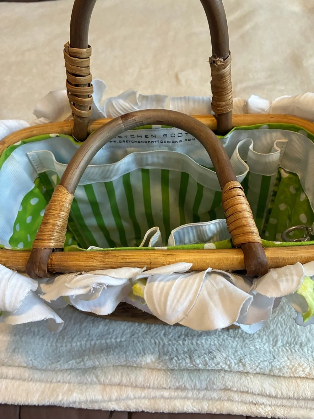 Gretchen Scott Designs Lime Green Polka & Stripe Rattan Tote